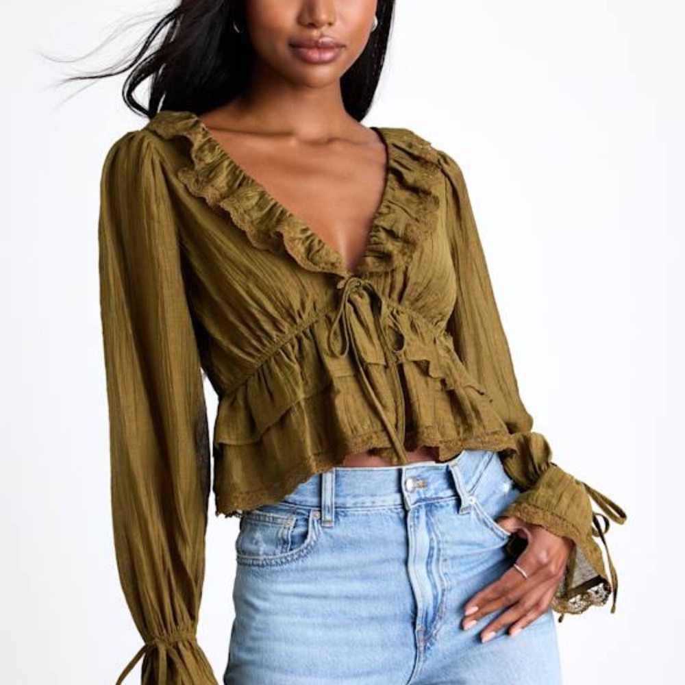 Lulus Avora Olive Green Crinkled Long Sleeve Tie-front Top - Size M